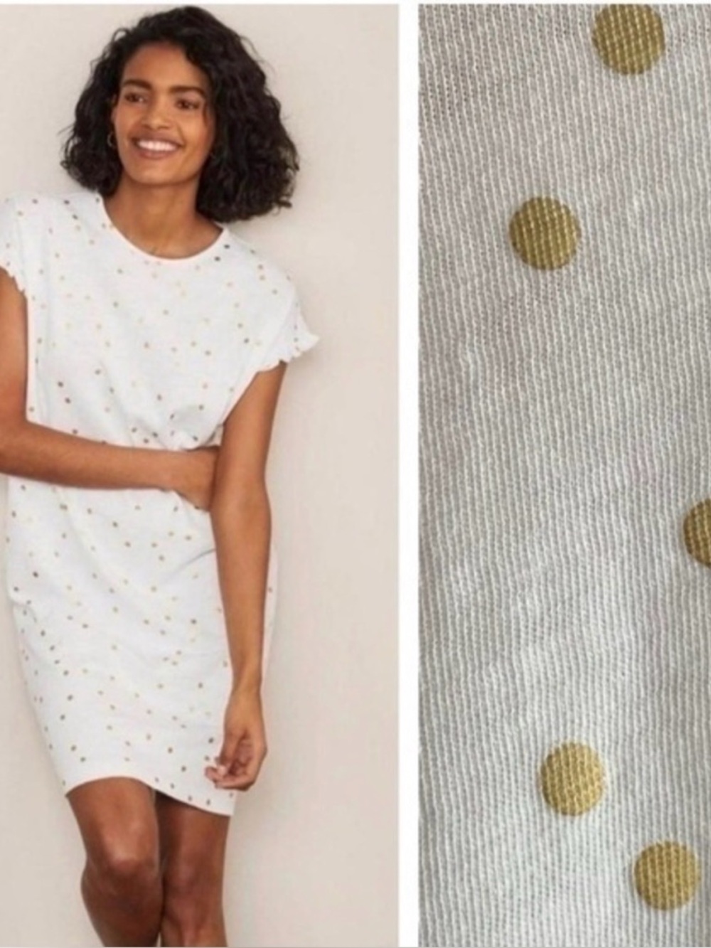 Boden White Metallic Gold Dots Faye Jersey T-shirt Dress Size 10 L